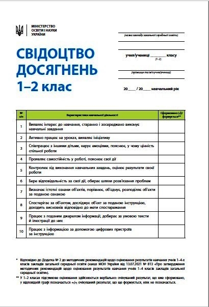 НУШ Свідоцтво досягнень учня 1-2 класи 
