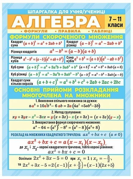 Алгебра 7-11 клас. Шпаргалка (Укр) Ранок (4823076149345) (439668)